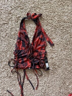 Fashion Nova Red & Black Tie-Dye Lace-Up Halter Tank